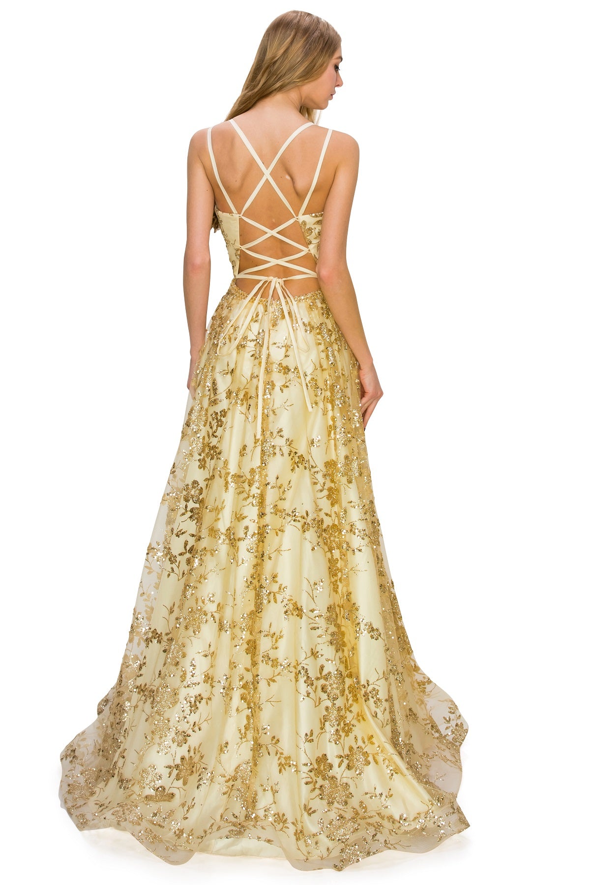 Back of champagne open back glitter dress