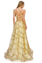 Back of champagne open back glitter dress
