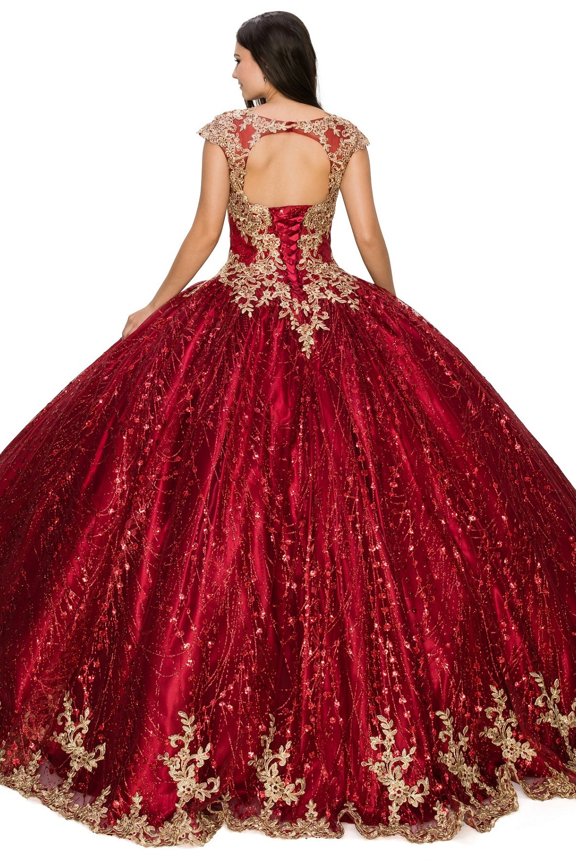 Back of burgundy quinceanera dress