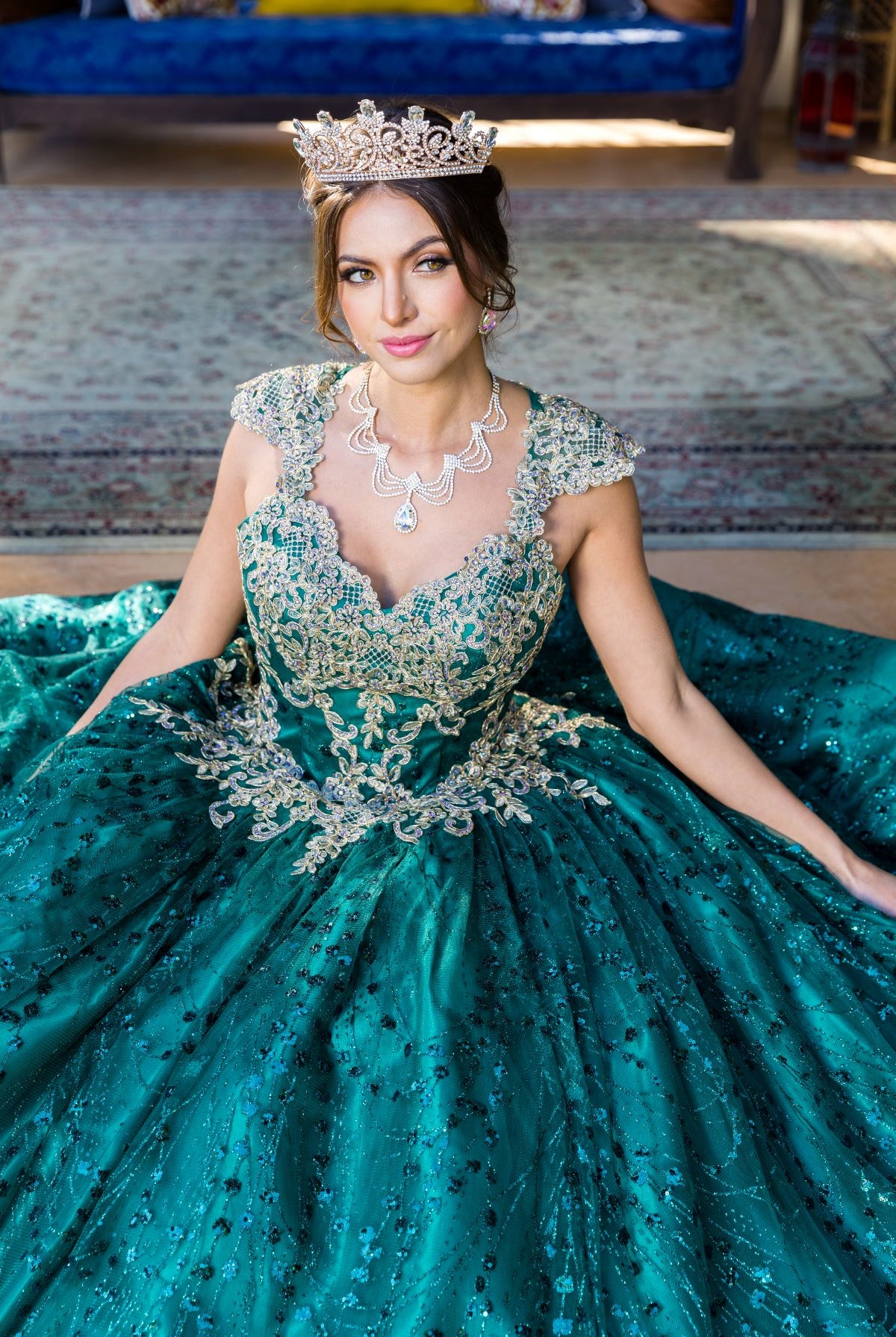 Glittered tulle ball gown adorned with luxe gold coil lace-smcdress