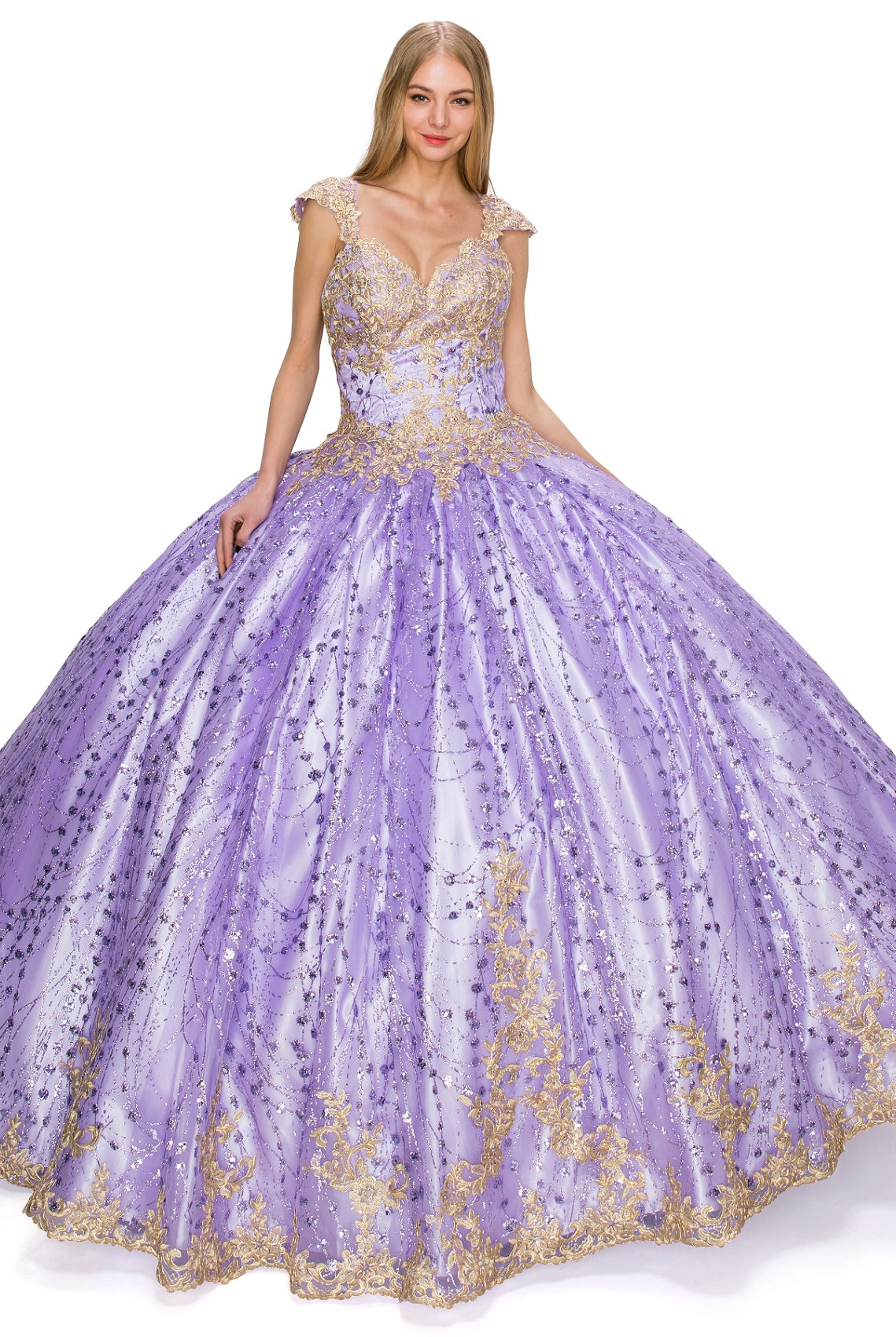 Glittered tulle ball gown adorned with luxe gold coil lace-smcdress
