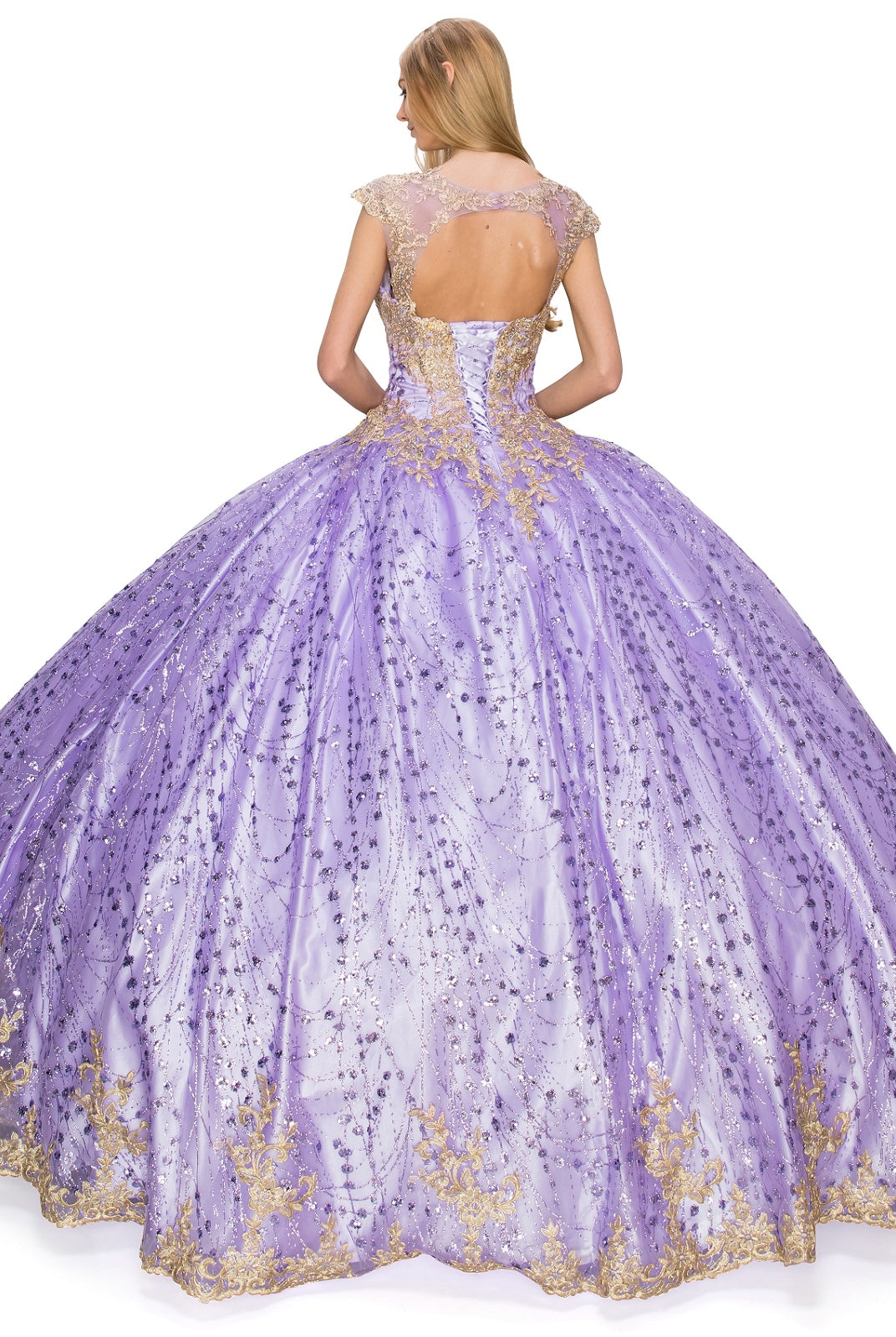 Glittered tulle ball gown adorned with luxe gold coil lace-smcdress