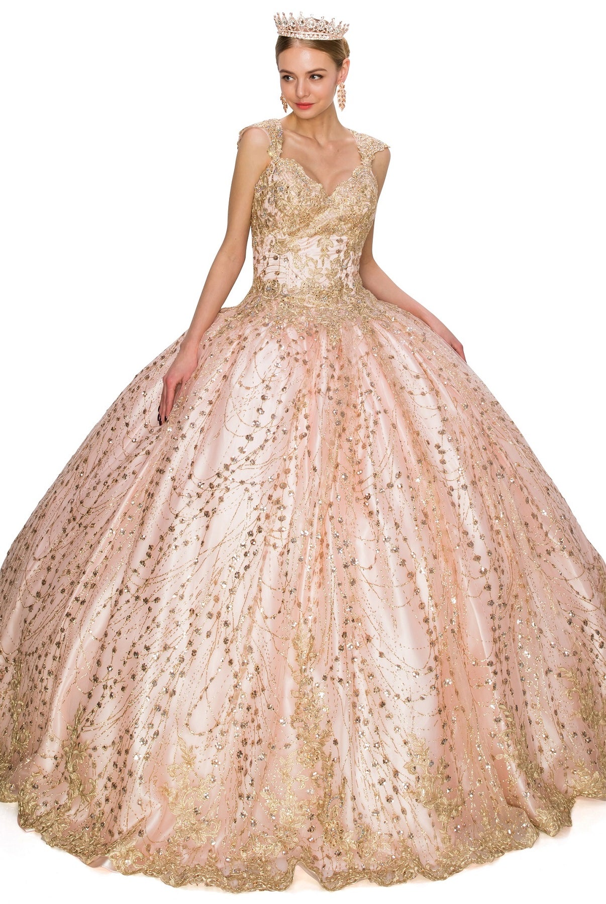 Glittered tulle ball gown adorned with luxe gold coil lace-smcdress