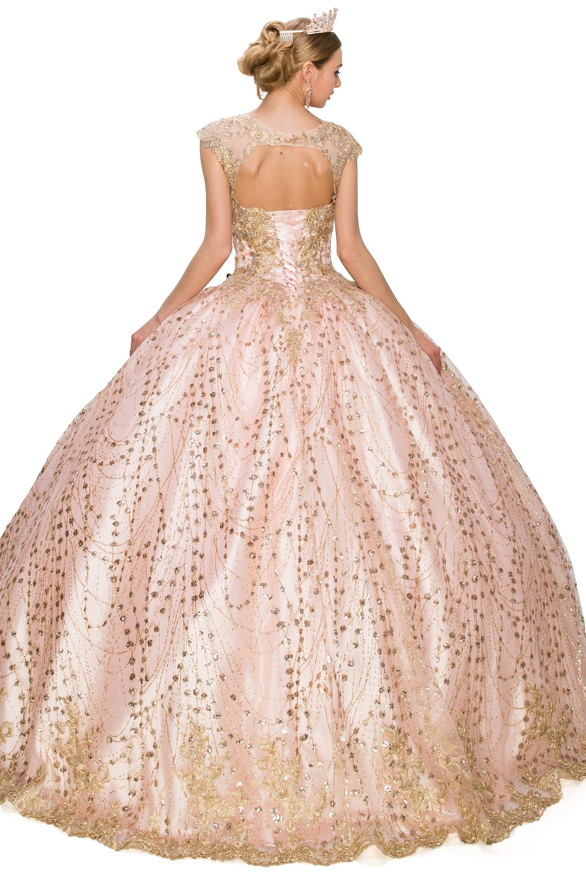 Glittered tulle ball gown adorned with luxe gold coil lace-smcdress