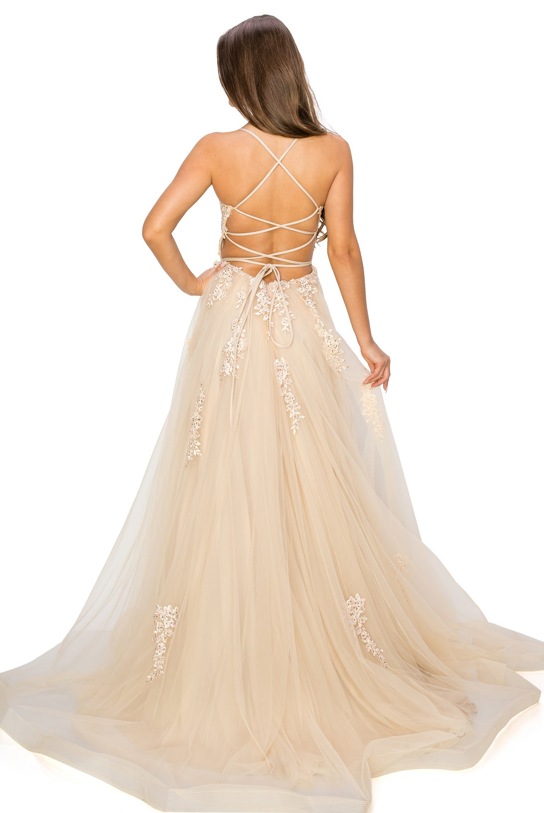 Back of champagne tulle ball gown prom dress