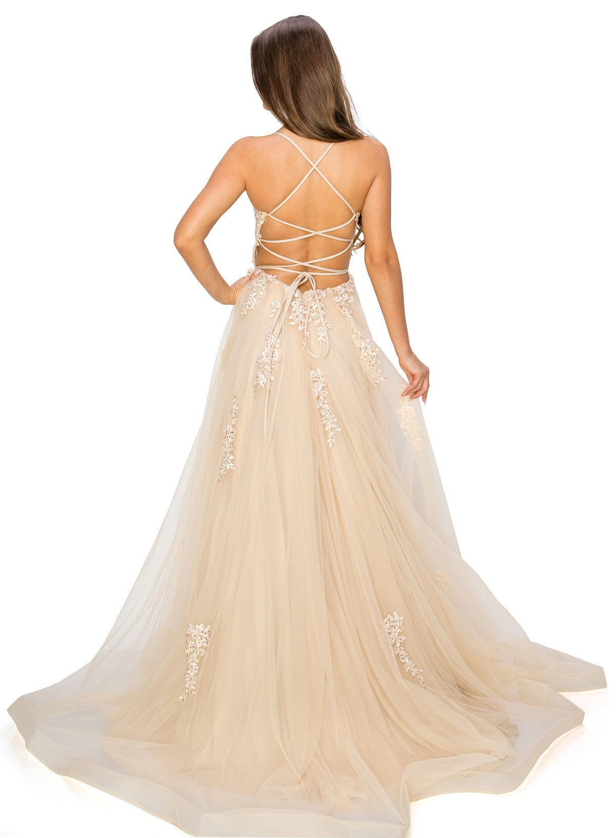 Back of champagne tulle ball gown prom dress