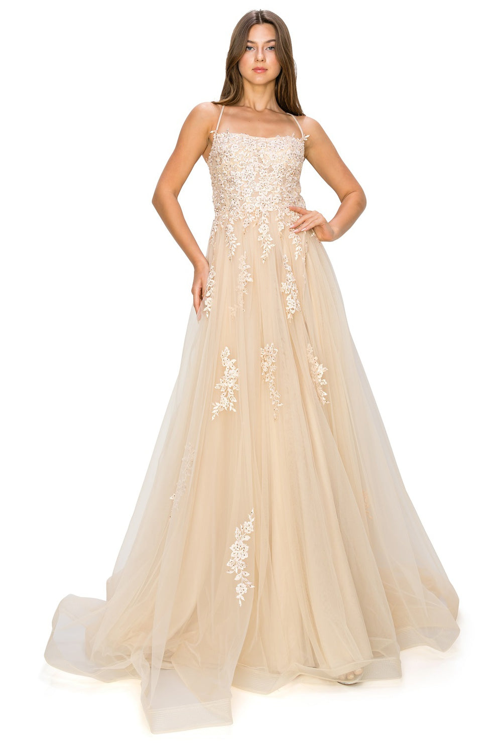 Champagne tulle ball gown prom dress