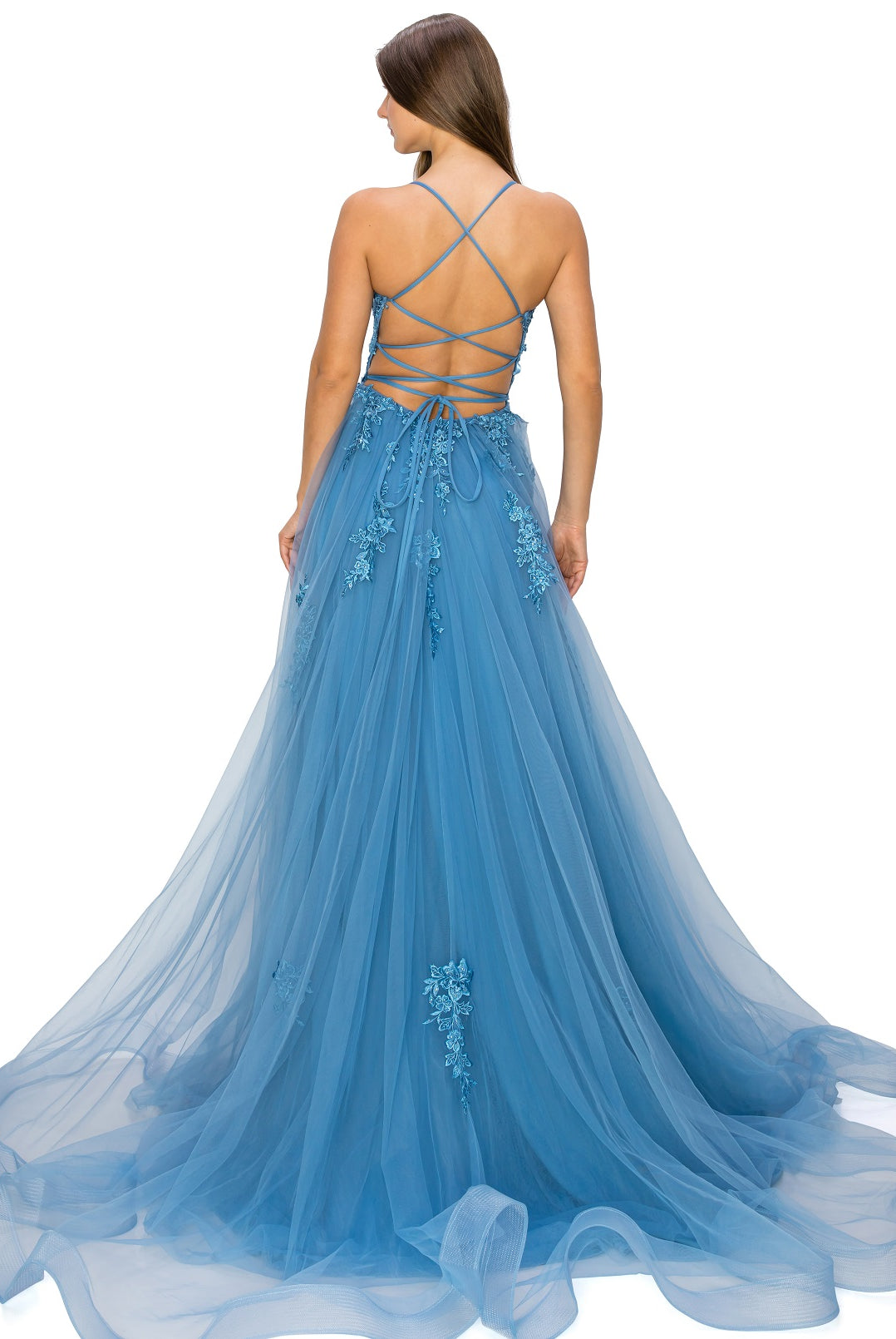 Back of dusty blue tulle ball gown prom dress