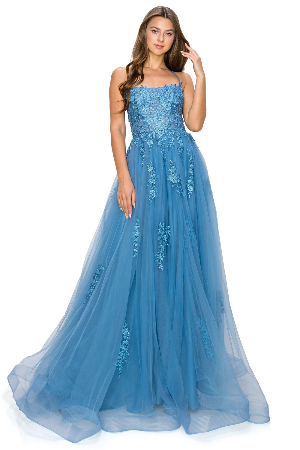 Dust blue tulle ball gown prom dress