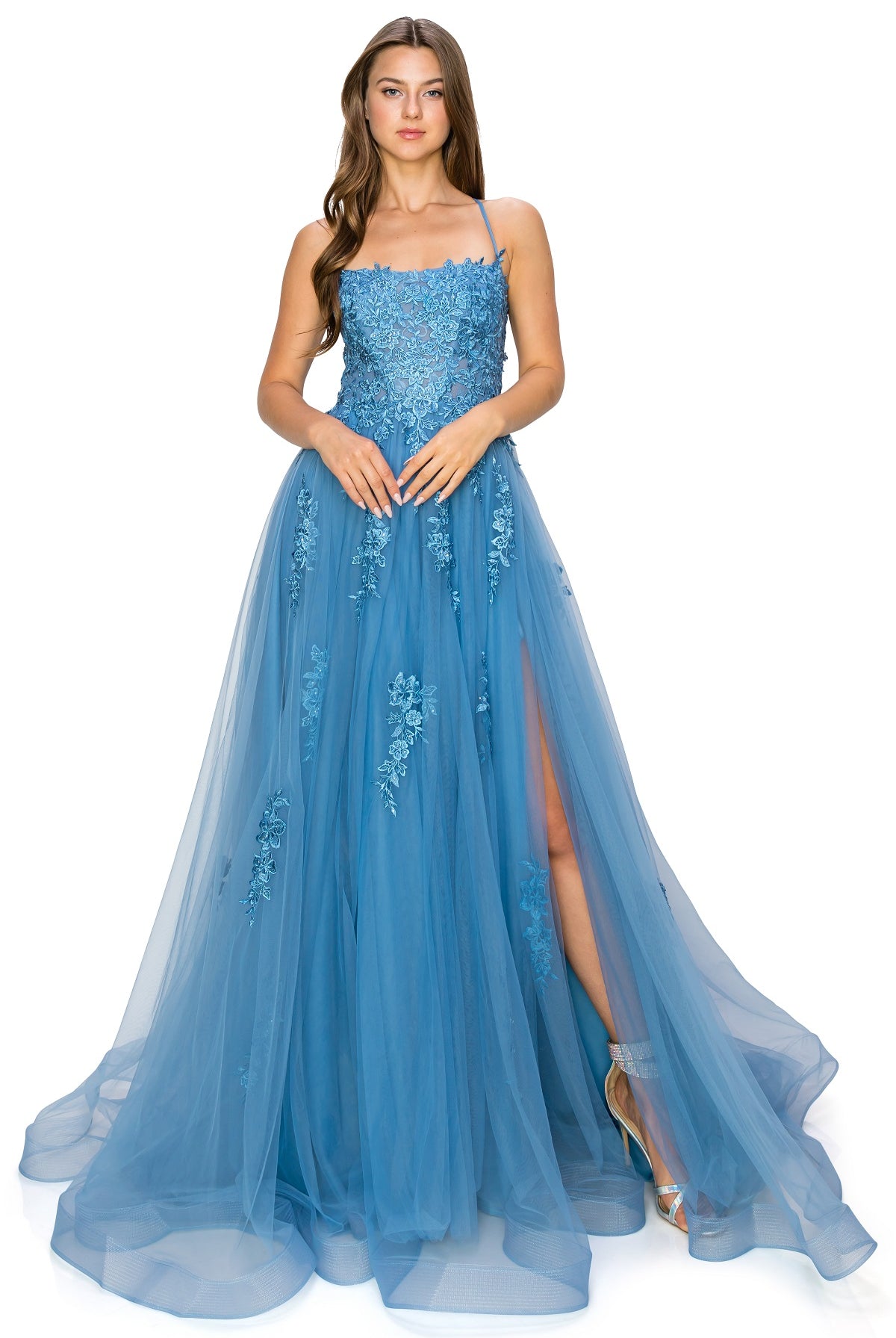 Dusty blue tulle ball gown prom dress alternative