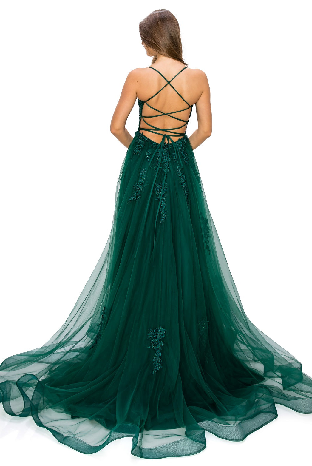 Back of hunter green tulle ball gown prom dress