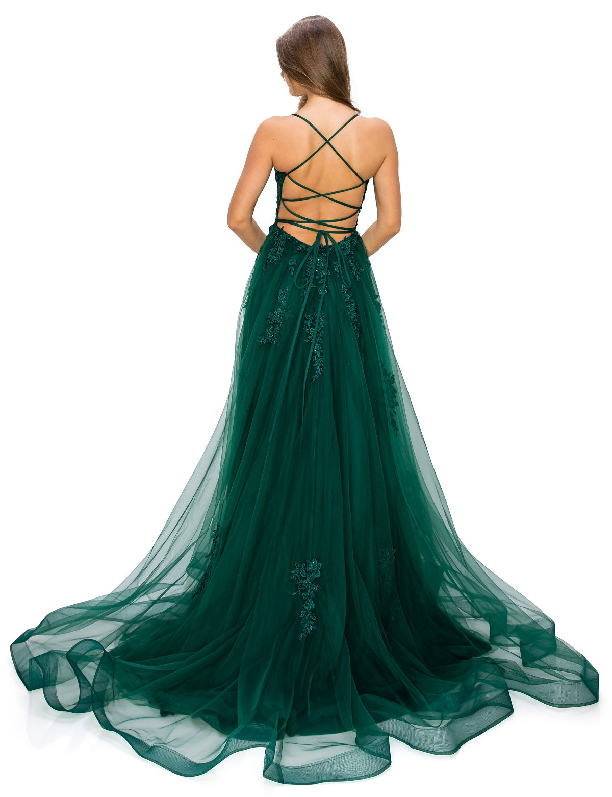 Back of hunter green tulle ball gown prom dress
