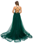 Back of hunter green tulle ball gown prom dress