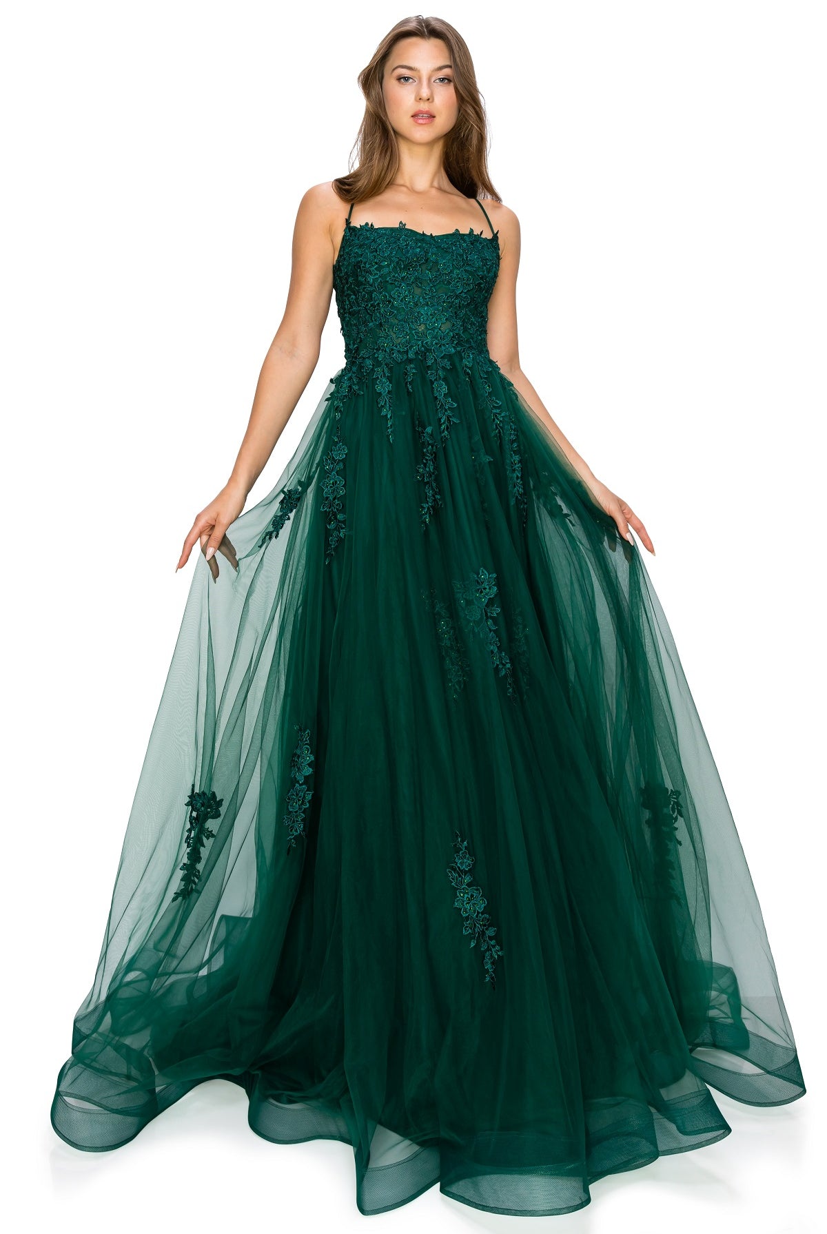 Hunter green tulle ball gown prom dress