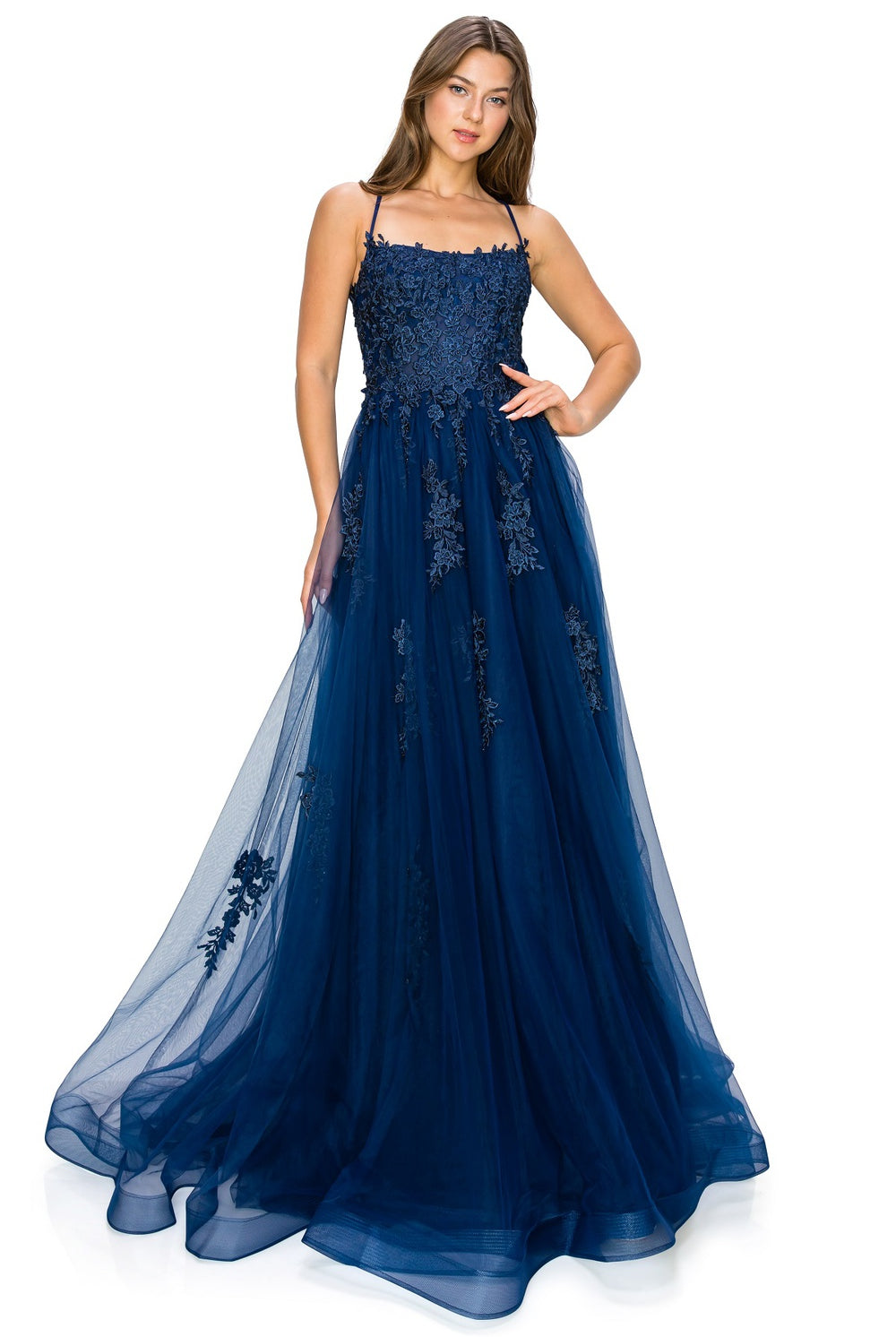 Navy tulle ball gown prom dress