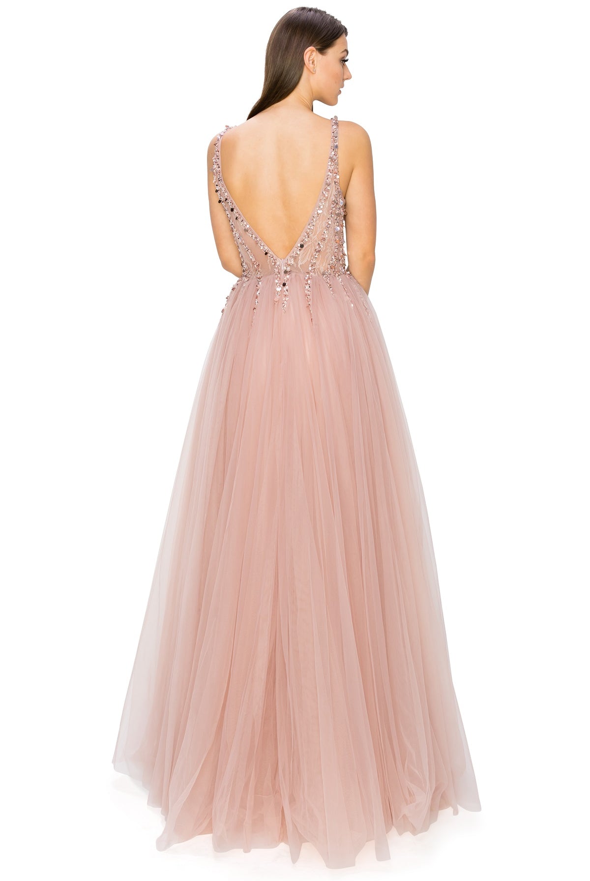Back of dusty rose  tulle long dress