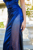 A closer look at navy sheer leg slit prom dress
