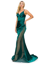 Hunter green sheer leg slit prom dress