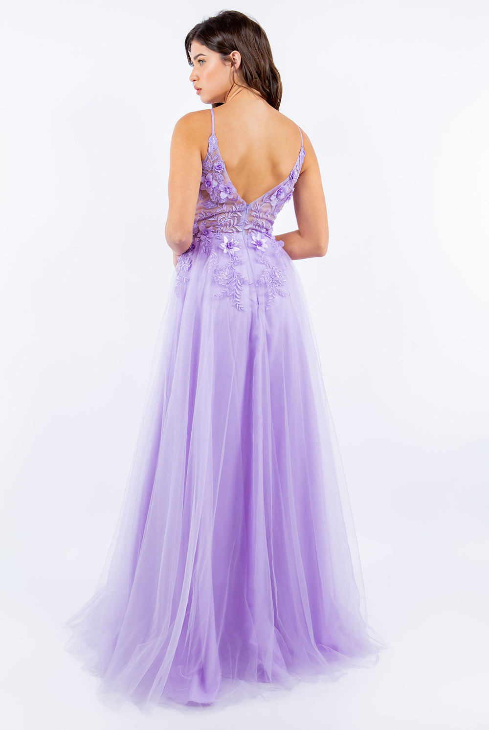 Back of the lilac layered tulle gown