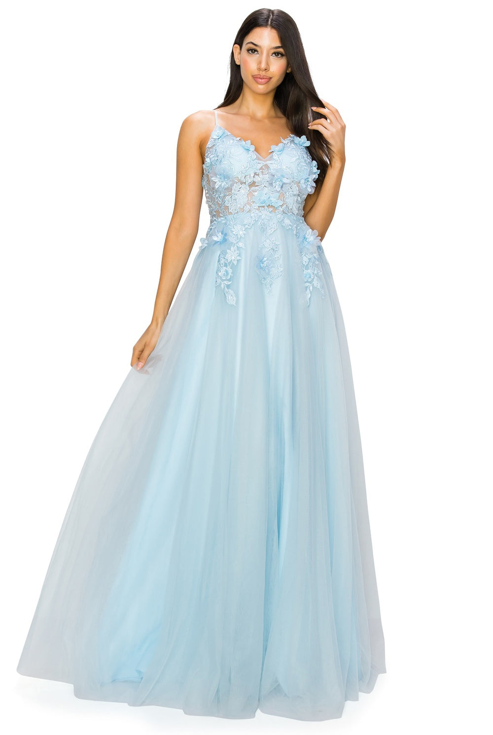 Blue layered tulle gown