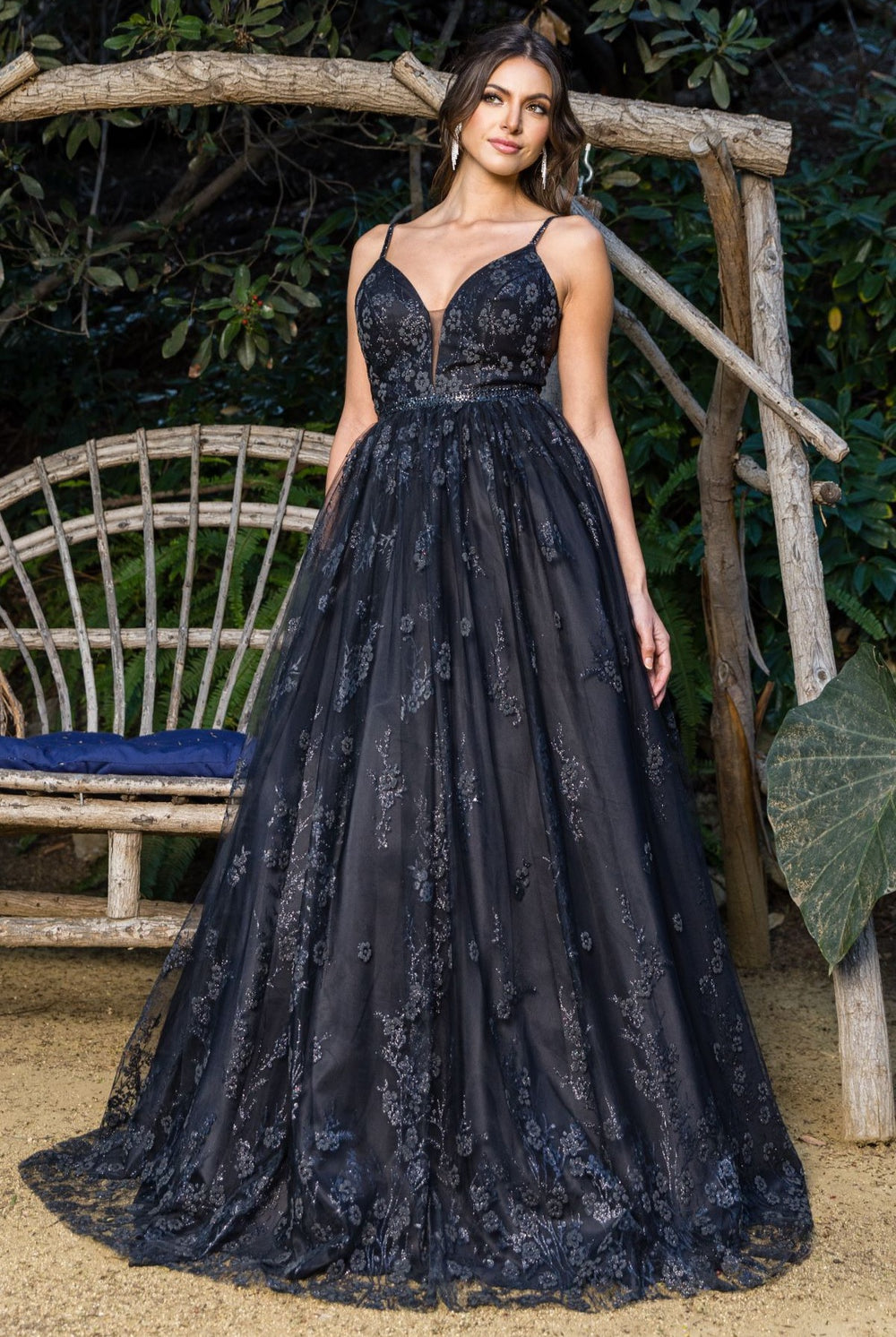 Black floral embroidered prom dress