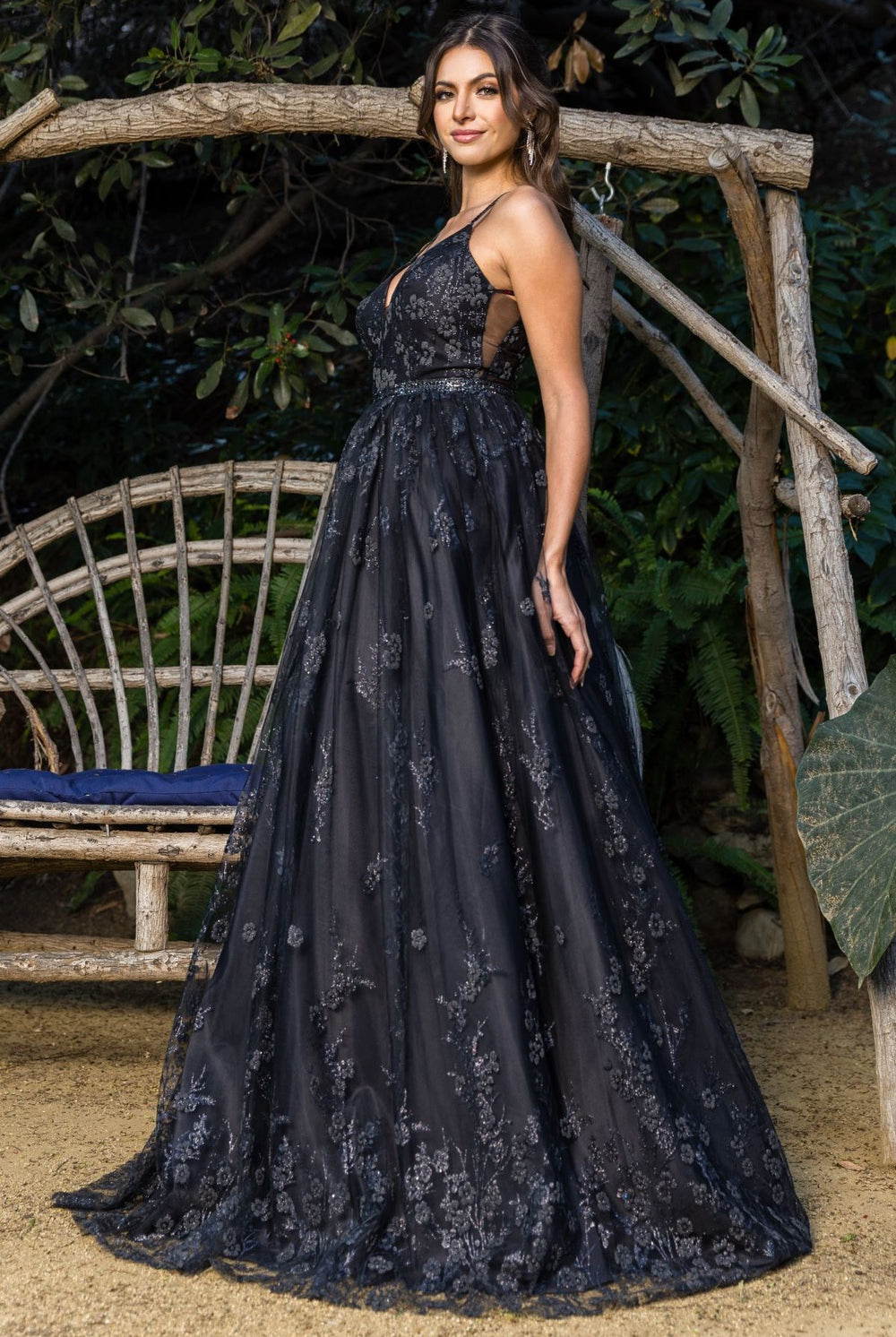 Black floral embroidered prom dress alternative