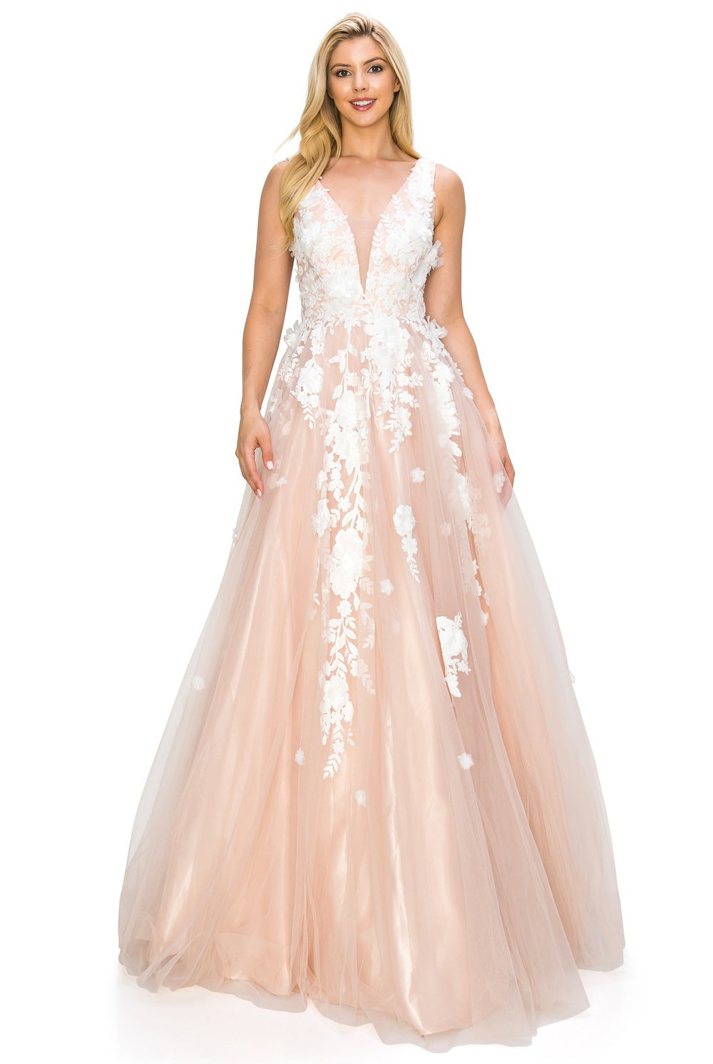 Blush long floral prom dress