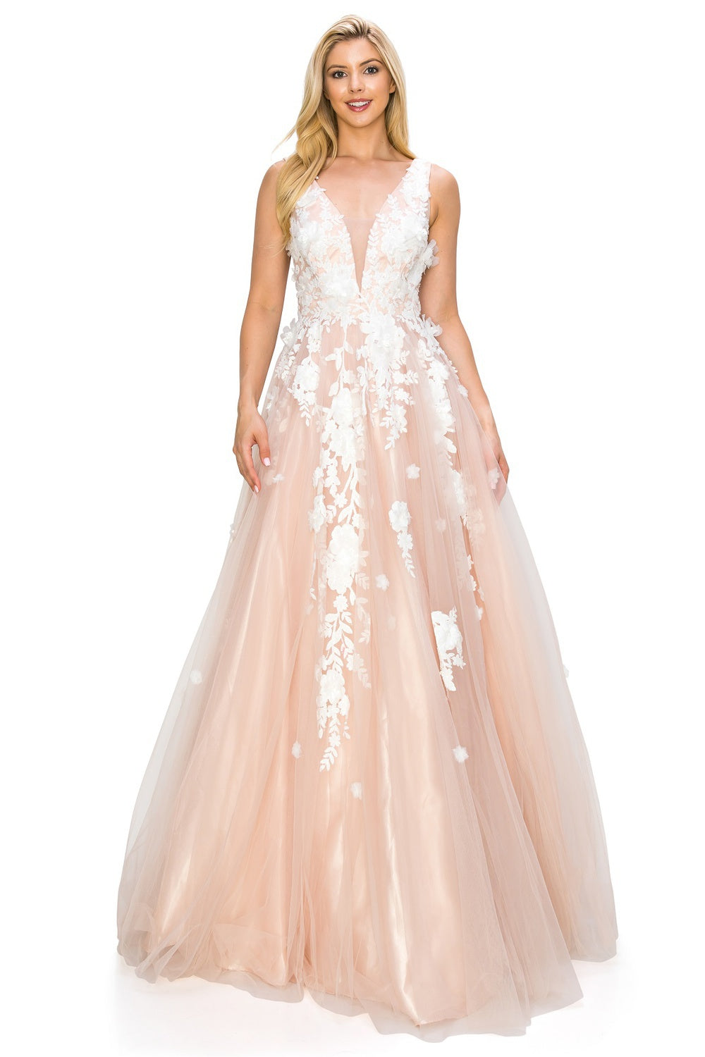 Blush long floral prom dress