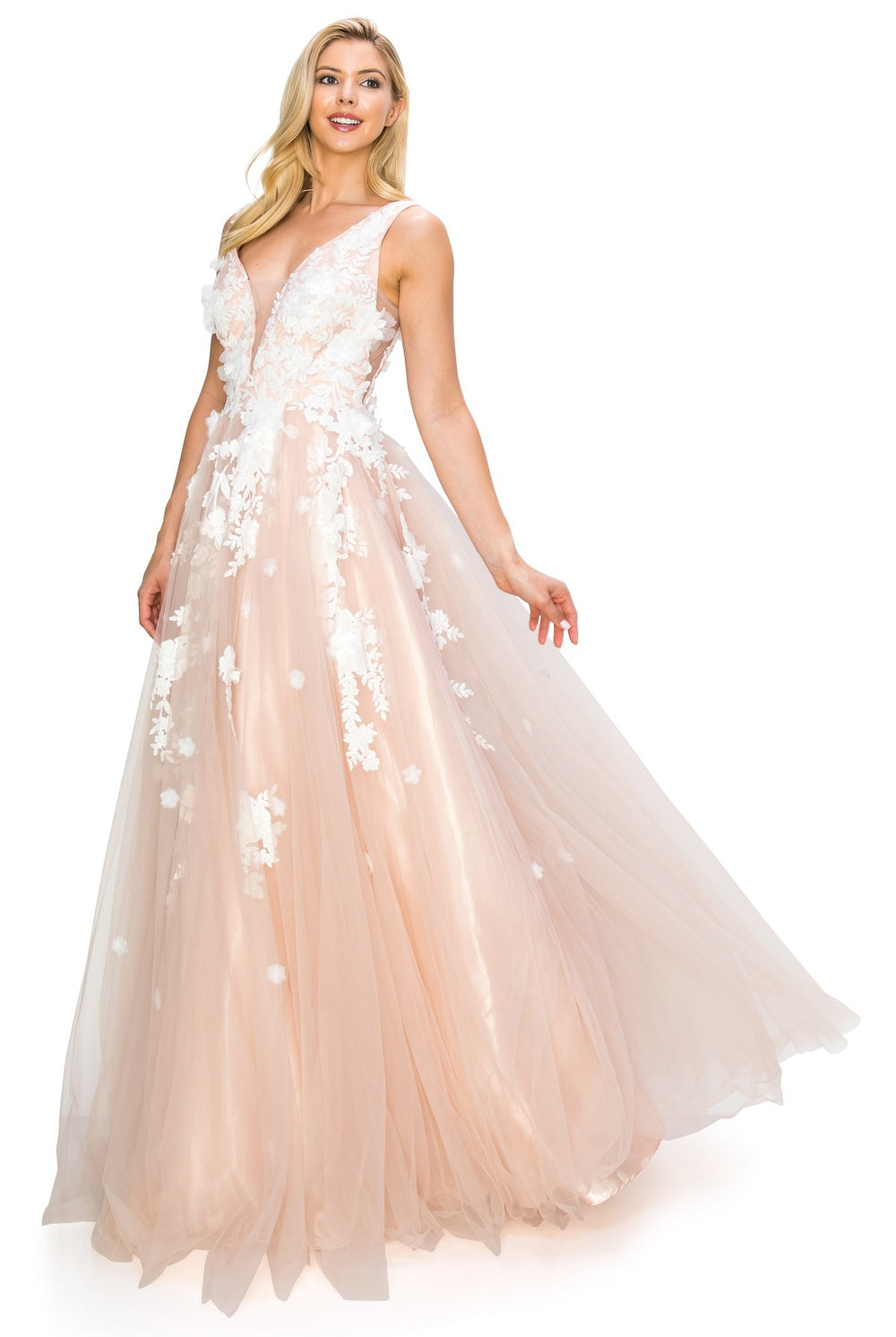 Blush long floral prom dress