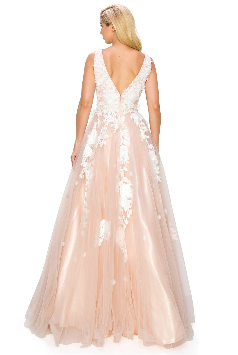 back of the blush long floral prom dress