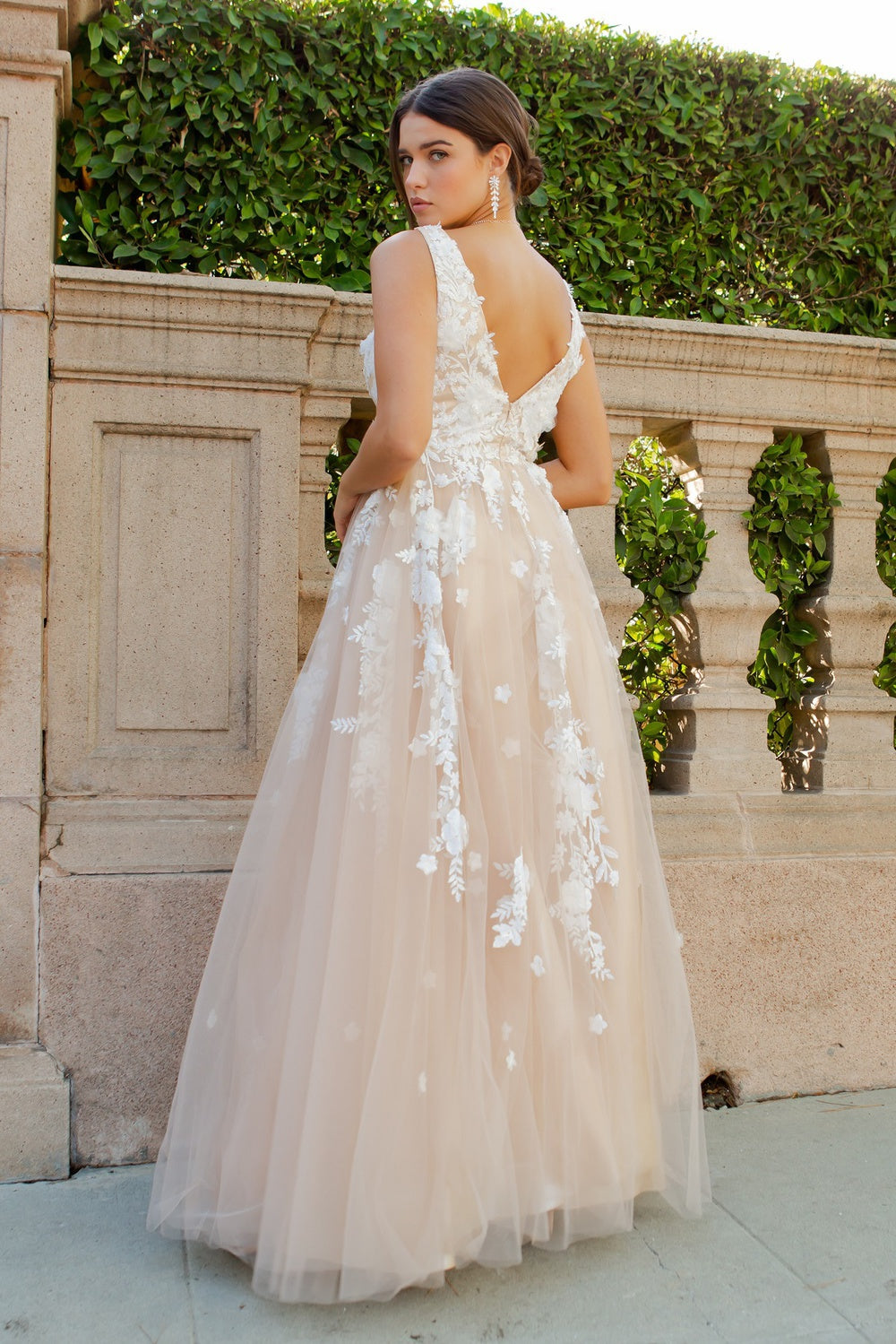 Back of the blush long floral prom dress