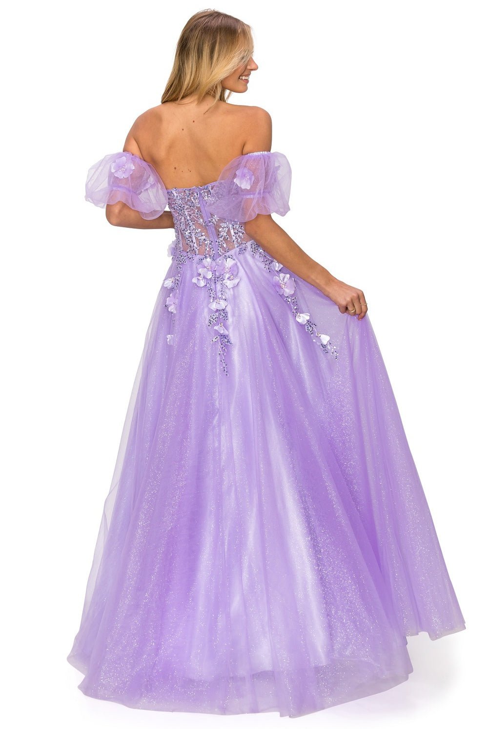 Back of lilac tulle dress with corset