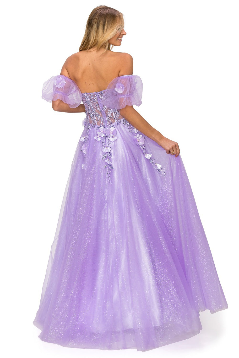 Back of lilac tulle dress with corset