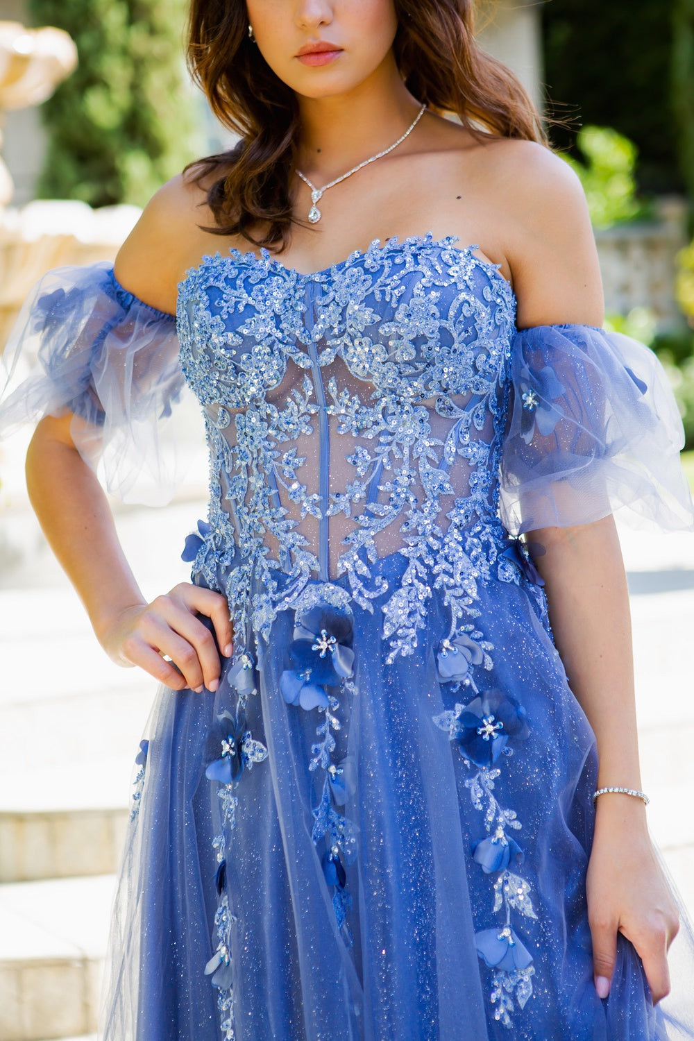 A closer lokk at smoky blue tulle dress with corset