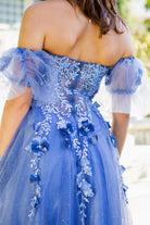 Back of smoky blue tulle dress with corset
