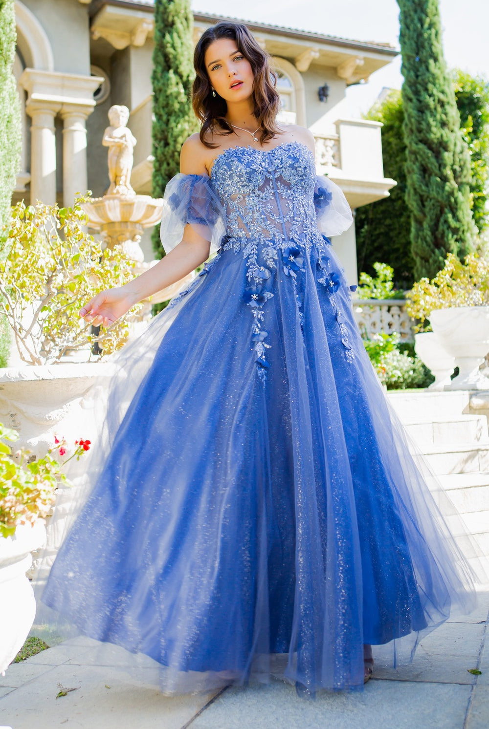 Smoky blue tulle dress with corset