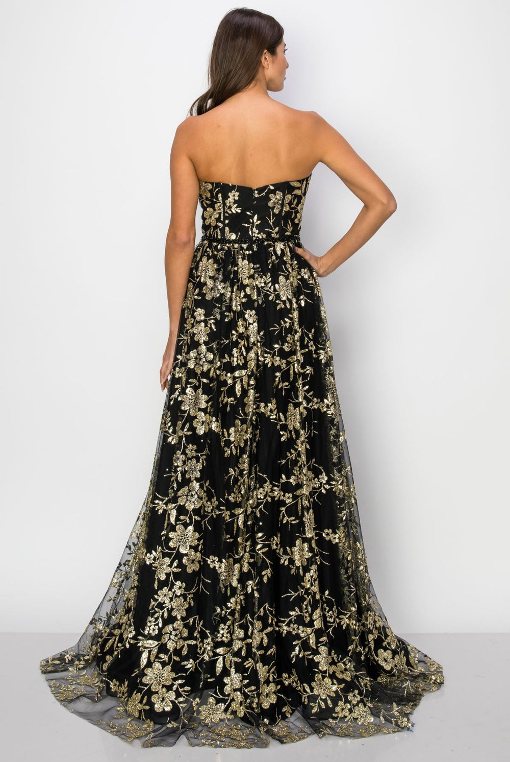 Back of the black glitter off shoulder dress