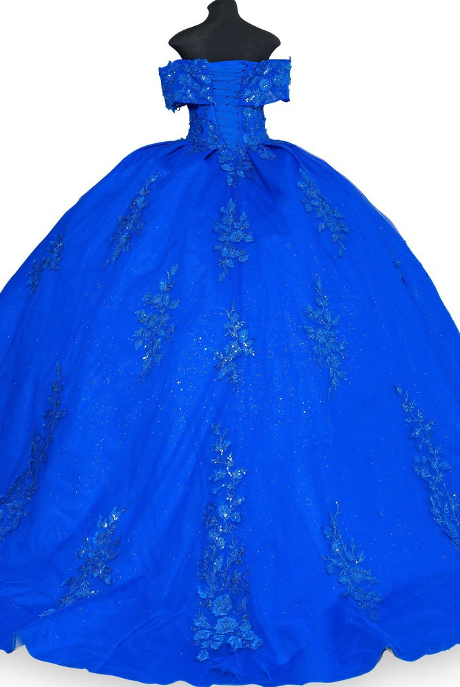 Back of royal lace train prom dress