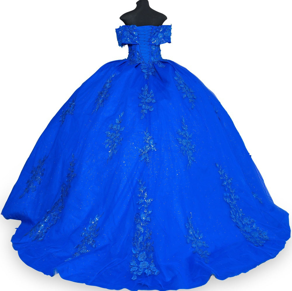 Back of royal lace train prom dress