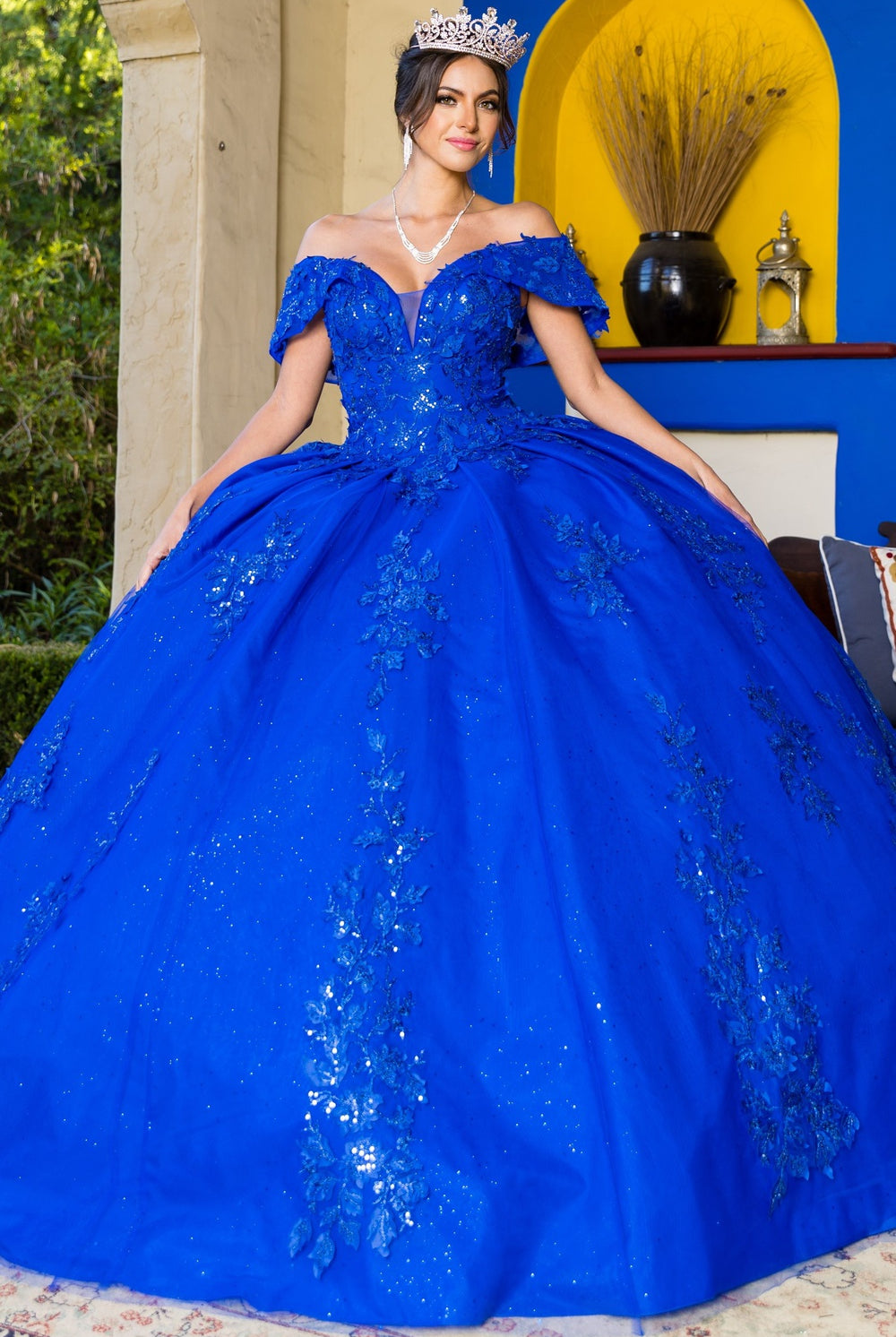 Royal lace train prom dress