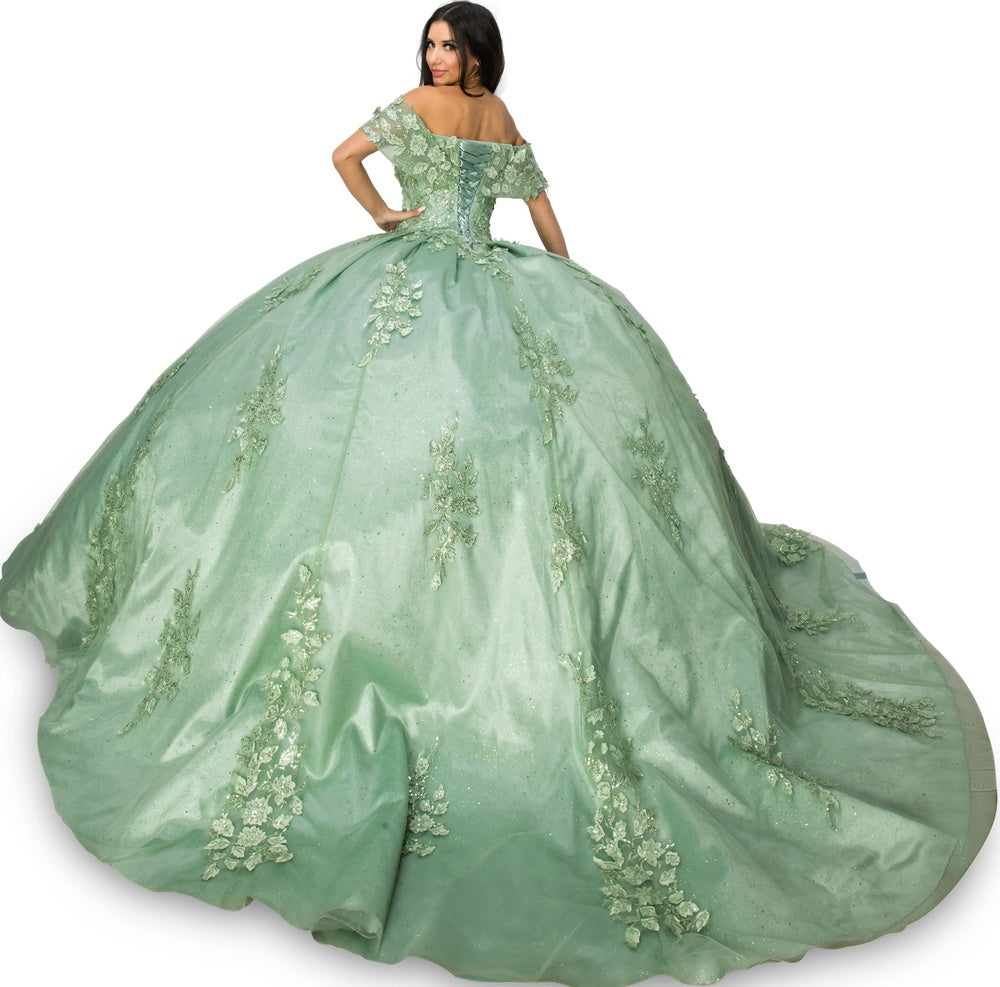 Back of sage lace train prom dress