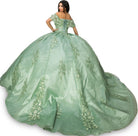 Back of sage lace train prom dress