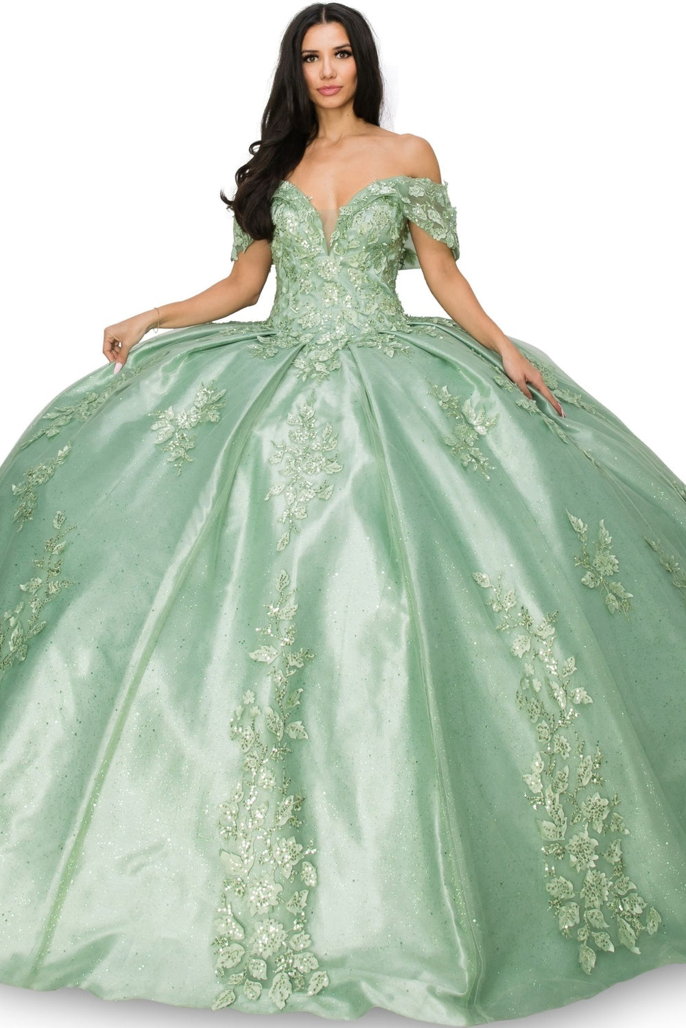 Sage lace train prom dress