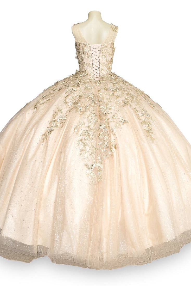 Back of champagne quinceanera gown dress