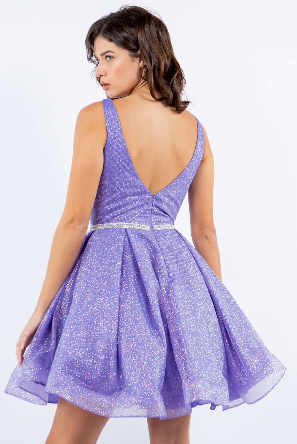 Back of lavendar open back cocktail dress