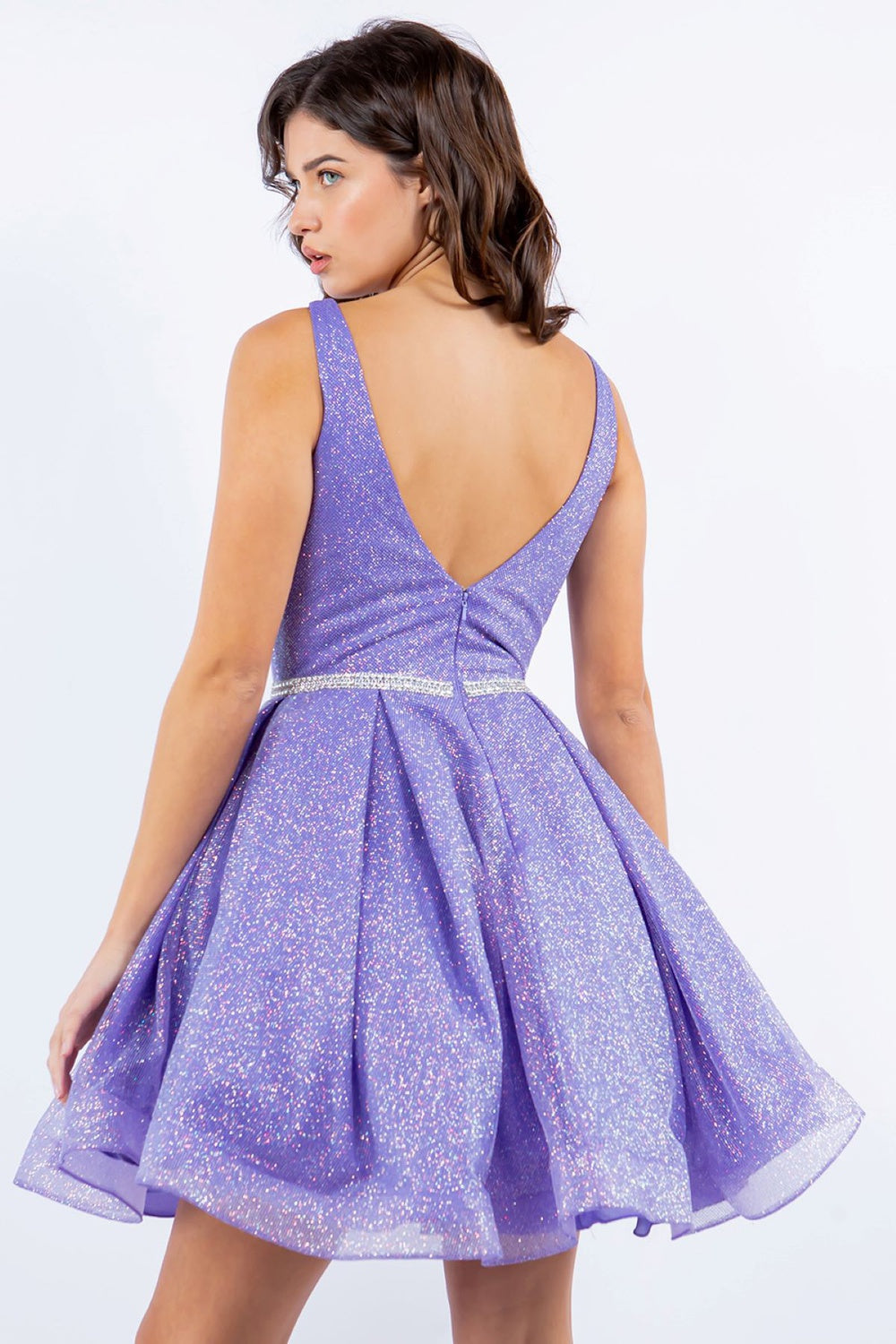 Back of lavendar open back cocktail dress