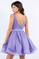 Back of lavendar open back cocktail dress