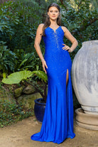 Glittering two-tone rhinestones adorn a stretch gown-smcdress