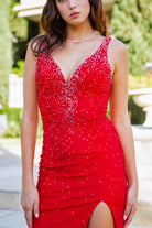 A closer look at the red dress with rhinestones