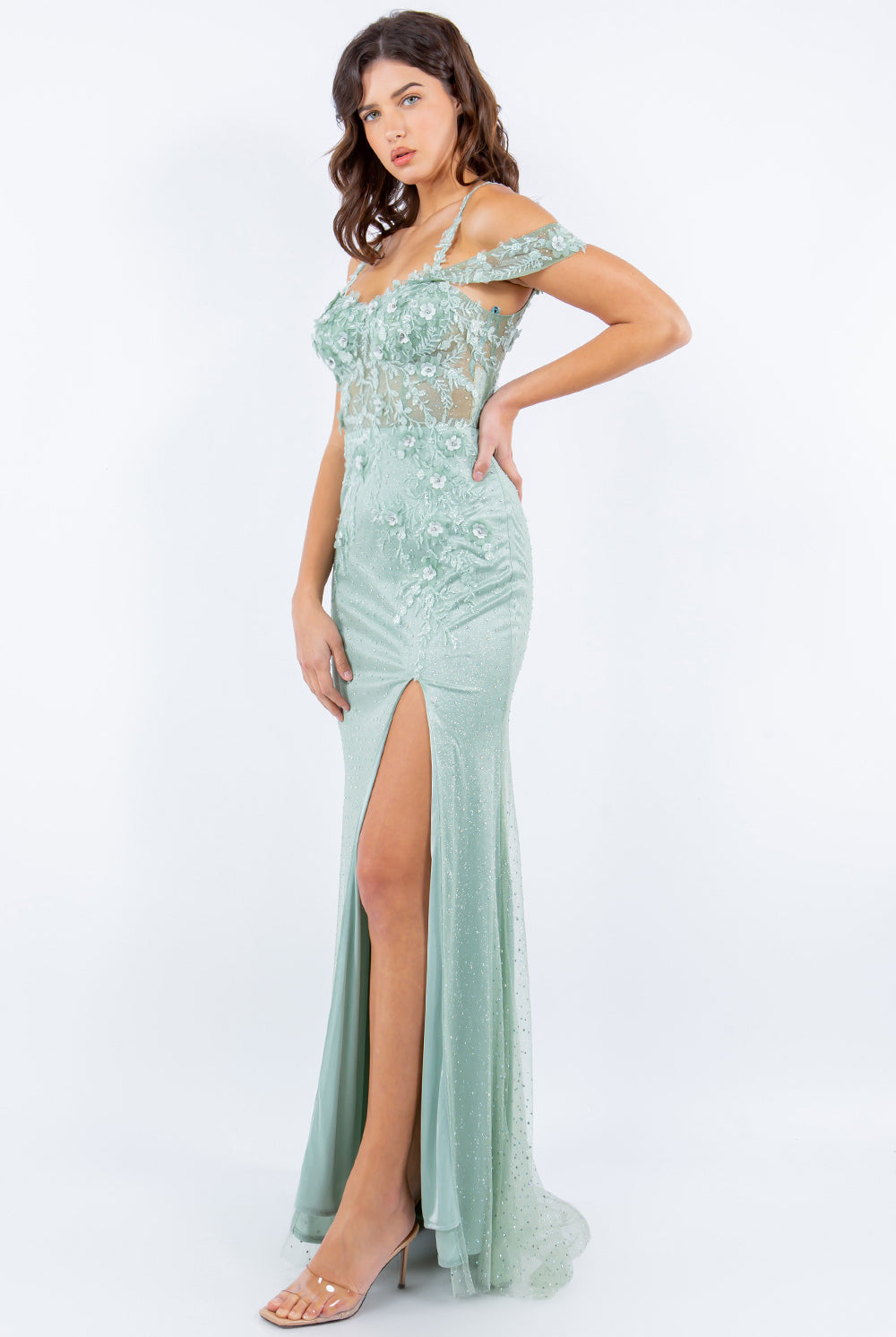 3D flower applique rhinestones and beaded sequin slit gown-smcdress